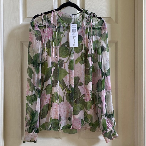 OSCAR DE LA RENTA Bow-Detailed Floral Print Silk-Chiffon Blouse Sz12 - Picture 12 of 15